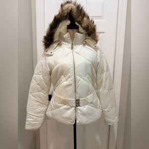 Big Chill White/Ivory Puffer Jacket with Faux Fur Hood and Belt